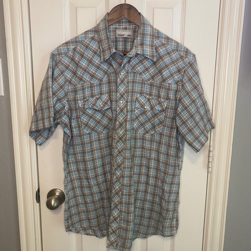 Wrangler Wrancher Mens Large Blue Plaid Short Sleeve Western Snap Button Shirt